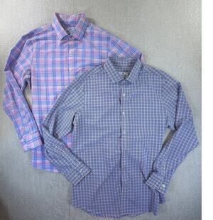Lot of 2 Mizzen + Main Men XL Blue Plaid Trim Fit Long Slve Casual Button Shirts